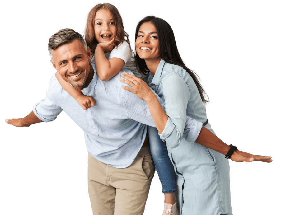 A joyful moment captured: a mother and father hugging their daughter with warm smiles