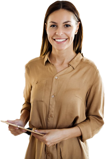 A woman in a dress is happily smiling while holding her I-pad