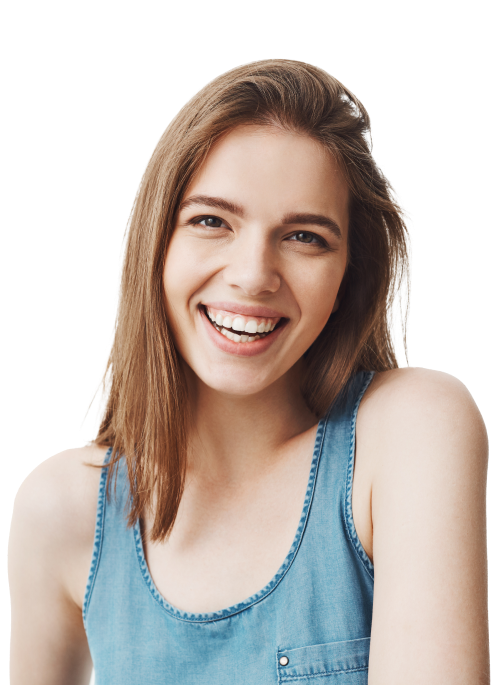 Portrait pretty young blonde lady with long hair keeping head raised hands making faces looking aside joyfully with closed eye showing tongue